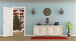 Retro living room with sideboard and open door with christmas tree on background - 3d rendering