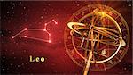 Armillary Sphere And Constellation Leo Over Red Background. 3D Illustration.