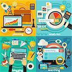Business Planning, Blogging, Web Searching And Analytics concept banners. Square compositions, vector illustration