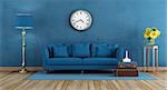 Retro blue living room with elegant sofa,lamp, and sunflower on wooden stand - 3d rendering