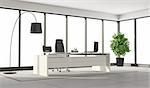 Black and white modern office with desk,chair and large windows - 3d rendering