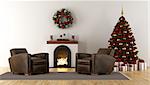 Classic christmas room with fireplace, xmas tree and two armchair - 3d rendering