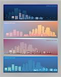 Cityscape sets with various parts of a city on blurred backgrounds. Small towns or suburbs and downtown silhouettes. Illustration divided on layers for create parallax effect