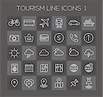 Thin line tourism icons on dark, set 1