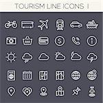 Thin line tourism icons on colored squares, set 1