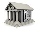 3d illustration of bank building with vault door safe