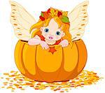 Little fairy sitting into a pumpkin