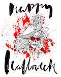 Handdrawn lettering on watercolor blood drops background. Vector skull girl with sewn lips. Day of The Dead. Happy halloween.