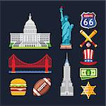 Set of traditional symbols of architecture and culture of the USA. Vector illustrations in flat style