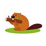 Vector illustration of Cartoon beaver with a wood in flat design