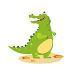 Funny green cartoon crocodile standing and looking up, vector illustration in flat style.