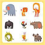 Vector set of Safari animals and birds in flat style