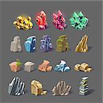 Set of magic crystals, stones, rocks collection of icons vector illustration