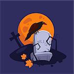 Halloween picture with a raven sitting on a gravestone vector illustration