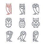 Set of owl logos and emblems design elements, vector illustration collection in line style