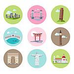 Collection of national landmarks of different countries in flat style. Vector illustration set