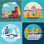 City and town landscapes and buildings icons, flat design vector illustration