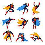 Super hero in different poses, vector illustration set