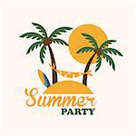 Summer vacation holiday tropical island with palm tree, surf board and hammock, flat vector illustration