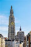 Belgium, Flanders, Antwerp (Antwerpen). Tower of Onze-Lieve-Vrouwekathedraal (Cathedral of Our Lady) from Suikerrui.