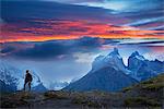 South America, Patagonia, Chile, Torres del Paine National Park, Cuernos del Paine, girl hiking in the andes
