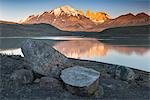 South America, Patagonia, Chile, Region de Magallanes y de la Antartica, Torres del Paine National Park, first light on the Torres del Paine