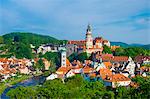 Czech Republic, South Bohemian Region, Cesky Krumlov. Castle and buildings in old town on the Vltava River.