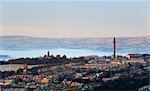 England, West Yorkshire, Halifax. An overhead view of Halifax in morning light and misty conditions.