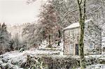 England, Calderdale. A small building at Hardcastle Crags near Hebden Bridge, in winter.