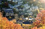 England, West Yorkshire, Hebden Bridge. An overhead view of mills and cottages at Hebden Bridge in autumn.