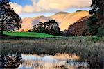 England, Cumbria, Keswick. Hills called Carl Side, Skiddaw and Little Man in evening light.