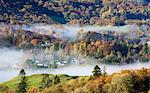 England, Cumbria, Langdale. Cottages on a misty autumn morning in the Langdale Valley.