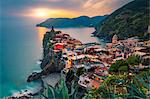 Vernazza, Cinque Terre, La Spezia, Liguria, Italy. The town and the castle at sunset.