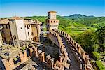 Vigoleno, Piacenza, Emiglia-Romagna, Italy. View of the castle walls from the tower.