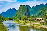 Village of Pha Tang and karst landscape on the Nam Song River, Vientiane Province, Laos