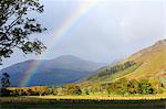 Scotland, Glen Lyon. Rainbow over the hills.