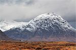 Scotland, Highland, Rannoch Moor. Black Rock Cottage beneath Buachaille Etive Mor mountain in the autumn.