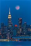 USA, New York, Manhattan, Midtown Skyline seen from New Jersey, moonrise and  the Empire State Building