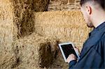 Side view of farm worker using digital tablet by hay bales in barn