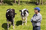 Confident farmer standing by cows on grassy field