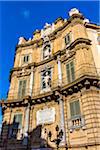 Close-up of West building at Piazza Vigliena (Quattro Canti) on Corso Vittorio Emanuele in the historic center of Palermo in Sicily, Italy