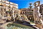 Close-up of a variety of statues at the Pretoria Fountain in Piazza Pretoria (Pretoria Square) in the historic center of Palermo in Sicily, Italy