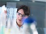 Researcher holding a DNA gel during a genetic experiment in a laboratory