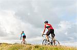 Cyclists riding past meadow