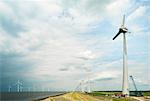 Windfarm offshore and on land, IJsselmeer lake, Espel, Flevopolder, Netherlands