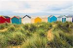 Rear view of a row multi-coloured beach huts in sand dunes, Southwold, Suffolk, UK