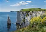 The Chalk cliffs of Ballard Down with The Pinnacles Stack in Swanage Bay, near Handfast Point, Isle of Purbeck, Jurassic Coast, UNESCO World Heritage Site, Dorset, England, United Kingdom, Europe