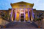 Entrance to Teatro Massimo at night, one of the largest opera houses in Europe, Palermo, Sicily, Italy, Europe