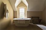 Home showcase soaking tub at sunny vaulted window