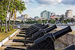 Cuba, Havana, Parque Historico Militar Morro-Cabana. Rows of old canons on the battlements of two forts guarded HabanaVieja from attack between the 16th and 19th centuries.